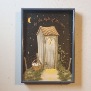 Framed Outhouse 5 x 7 Bathroom Art. By The Light Of The Moon. Blue Yellow Green